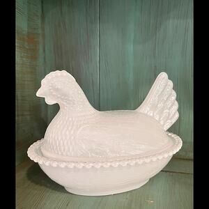 White Painted Glass Hen on Nest